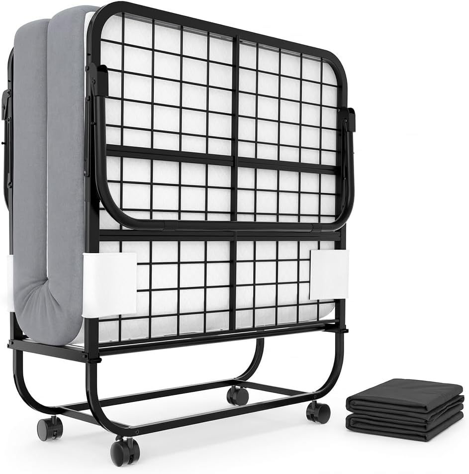 Cama plegable con colchón para adultos, cama plegable con colchón de espuma viscoelástica y marco de metal resistente, tamaño cuna cama de invitados portátil sobre ruedas con funda de