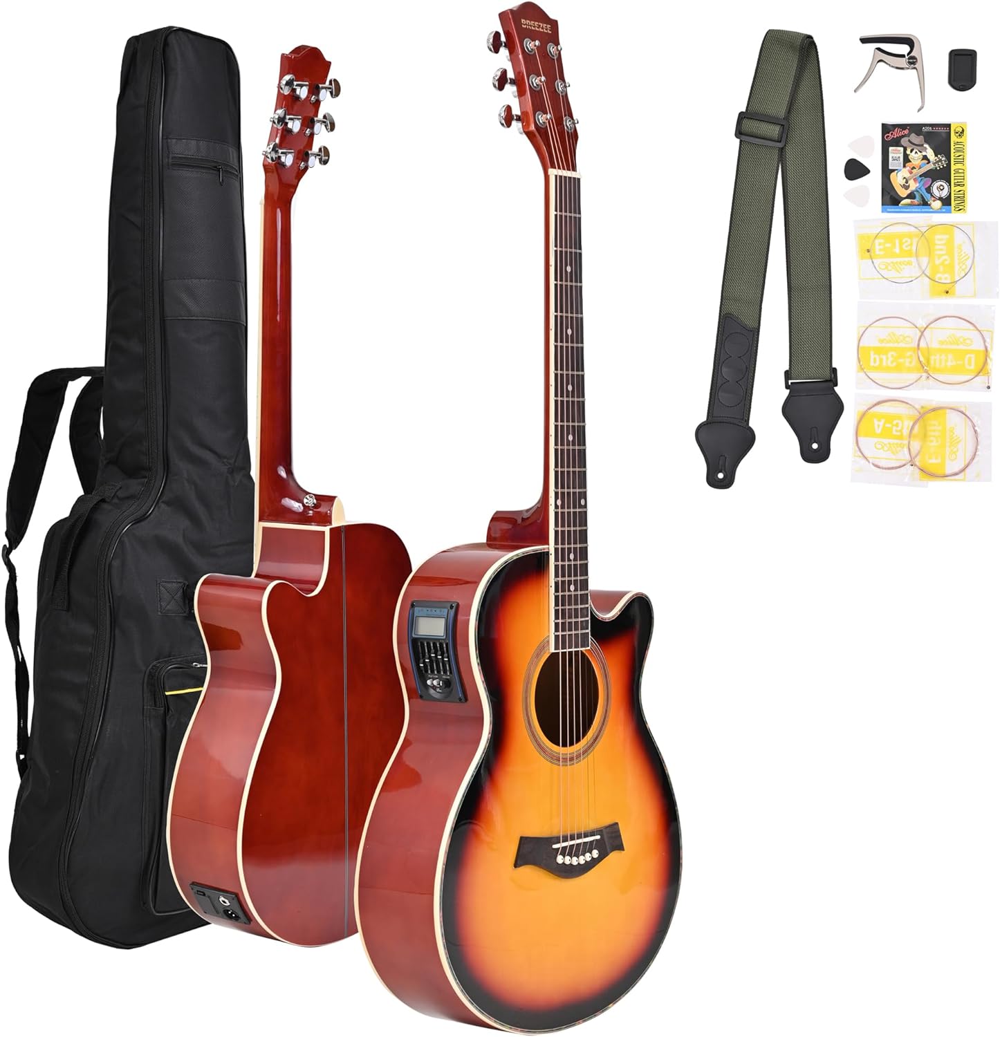 BREEZEE Guitarra Electroacústica de 40” Diseñada sobre Abeto, Merbau, Okume y Palisandro. Acabado de Barniz en Pulverización, Incluye Set de Accesorios Completo para Principiante