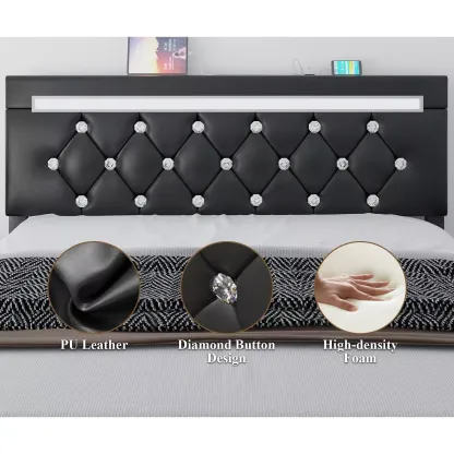 Marco de cama con plataforma tapizada en cuero de tamaño completo con luces LED y 4 cajones