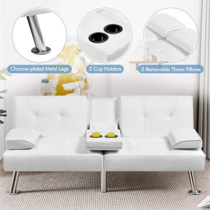 Yaheetech - Sofá cama convertible ajustable, moderno sillón reclinable, piel sintética, plegable, cama de invitados, reposabrazos extraíbles, portavasos 3 ángulos, capacidad de 317 kg, blanco