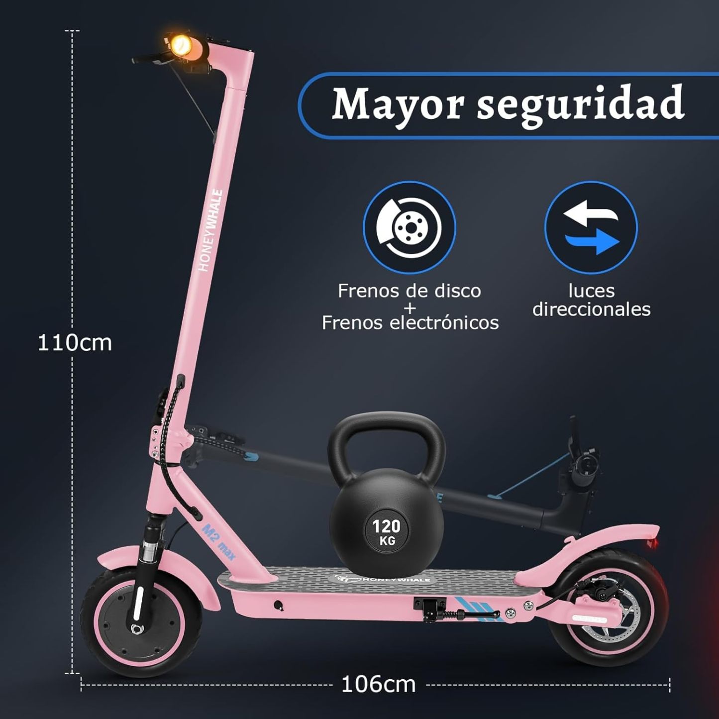 HONEYWHALE M2 MAX Scooter Eléctrico Plegable para Adultos, Motor de 500 W de Potencia Máxima, Velocidad Máxima 32KM/H, 22KM con Una Carga Completa, Patin Eléctrico con App Control Bluetooth