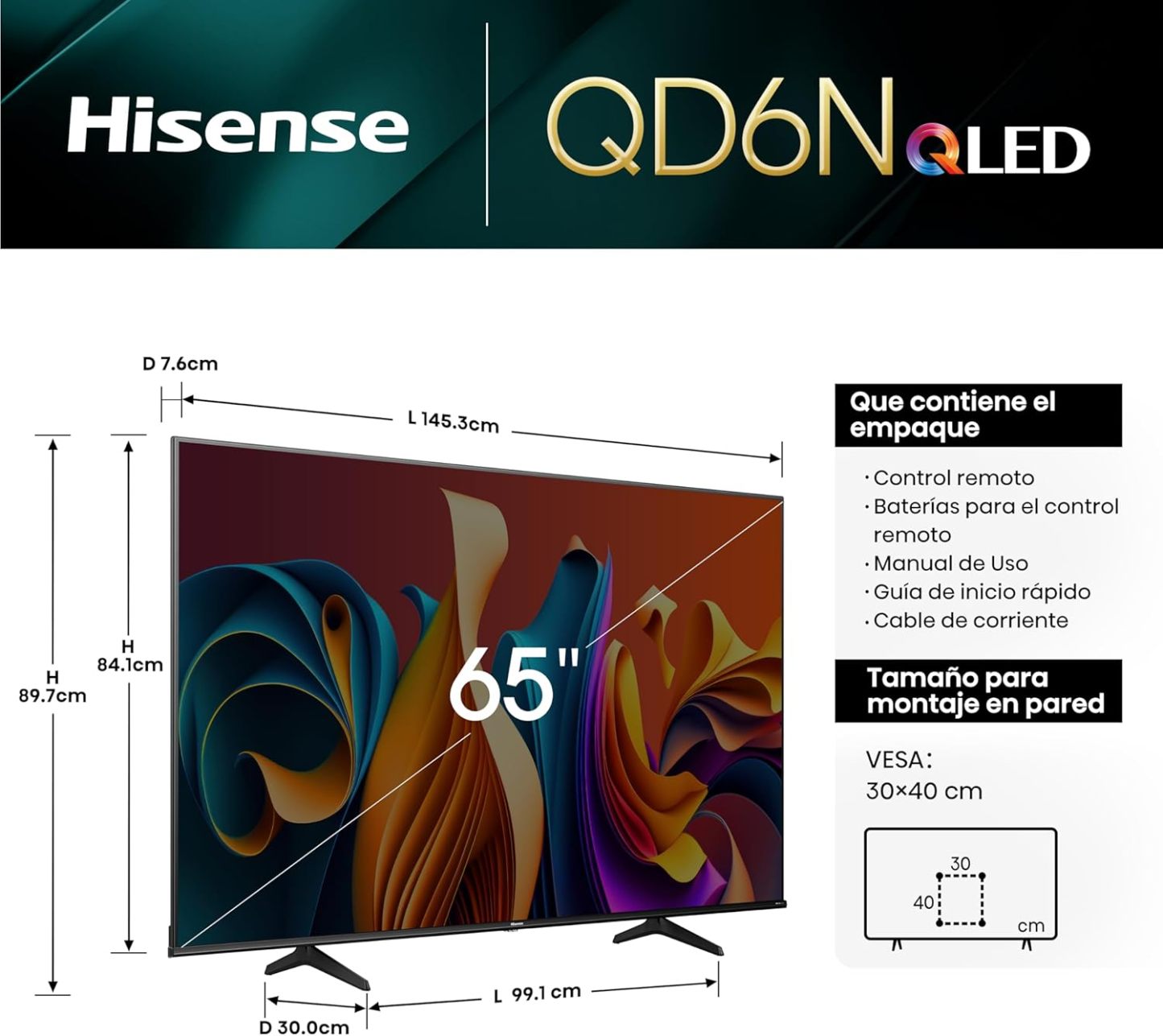 Hisense Pantalla QLED de 43" 43QD6N Google TV Works with Alexa 2024