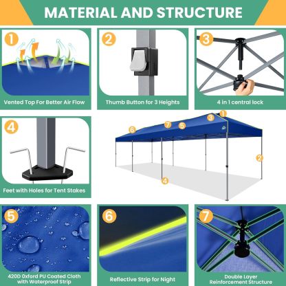 COBIZI - Tienda de campaña desplegable de 10 x 20 Pulgadas, Tienda de campaña instantánea Comercial para Bodas, Fiestas con 3 Altura Ajustable, toldo Ez Up para Exteriores, Impermeable, UPF50+ con