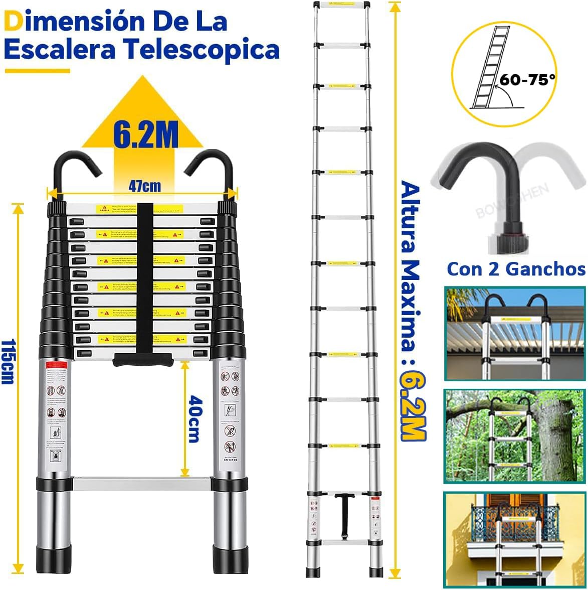 Escalera Telescópica De 6.2 Metros Escalera De Aluminio Segura Y Protegida Antideslizante Multiusos Escalera Extensible 20.5 Pies, 330 Libras Capacidad