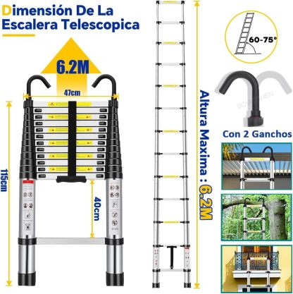 Escalera Telescópica De 6.2 Metros Escalera De Aluminio Segura Y Protegida Antideslizante Multiusos Escalera Extensible 20.5 Pies, 330 Libras Capacidad