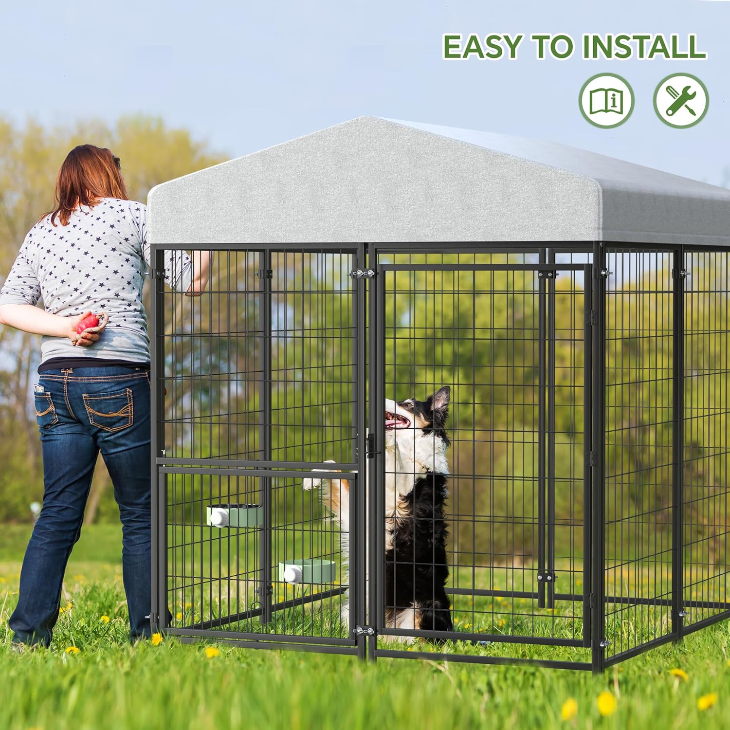 Mr Ironstone- Perrera grande para perros al aire libre con techo resistente al agua, perrera exterior resistente para perros, corral para mascotas, recinto para perros con comedero giratorio y cerradu