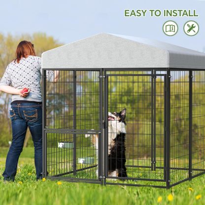 Mr Ironstone- Perrera grande para perros al aire libre con techo resistente al agua, perrera exterior resistente para perros, corral para mascotas, recinto para perros con comedero giratorio y cerradu