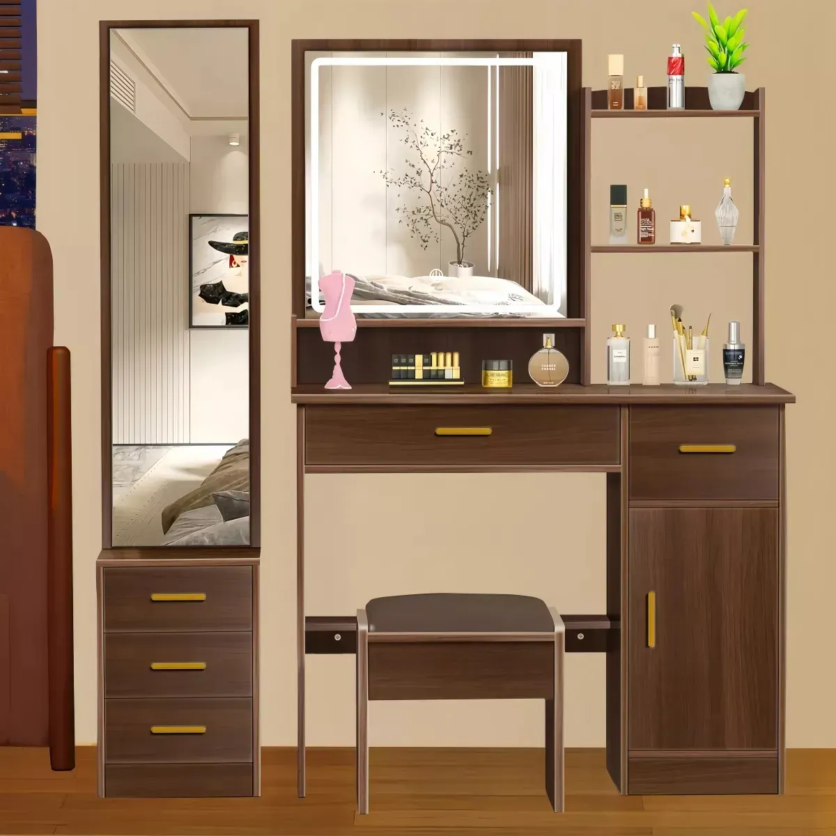 Tocador De Dormitorio Con Luces Led Y Dos Espejos Con Banco