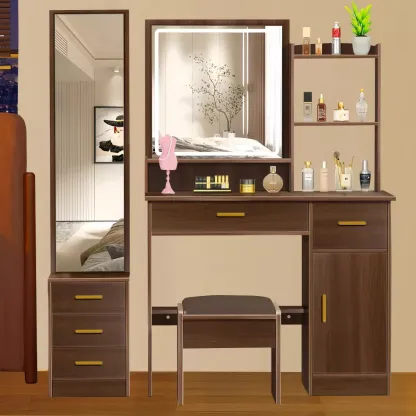 Tocador De Dormitorio Con Luces Led Y Dos Espejos Con Banco
