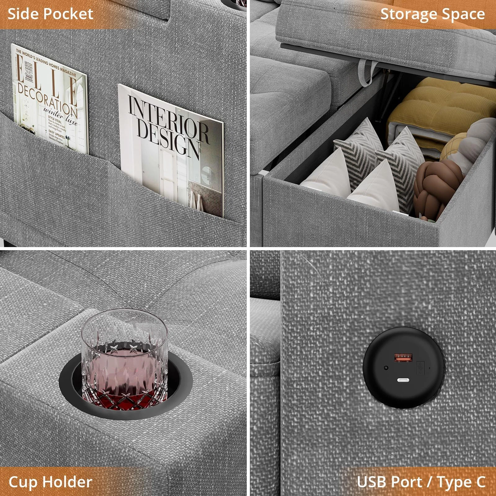 🔥Sofá seccional en forma de U con chaise doble Sofá cama extraíble 2 en 1 USB-A tipo C
