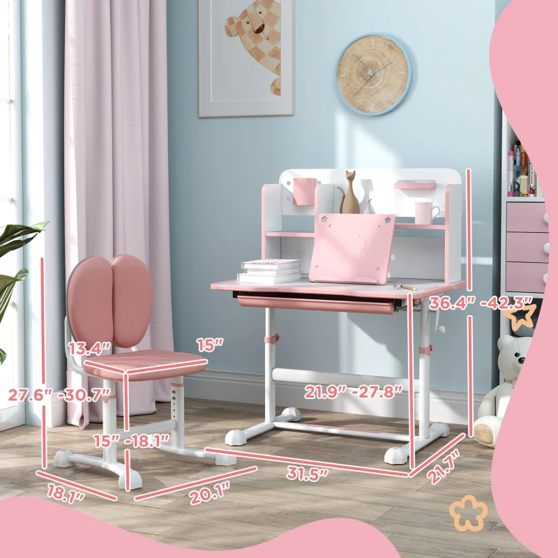 Qaba Juego de escritorio y silla para niños de altura ajustable para escribir y dibujar con escritorio inclinable, cajón de almacenamiento y estante de lectura