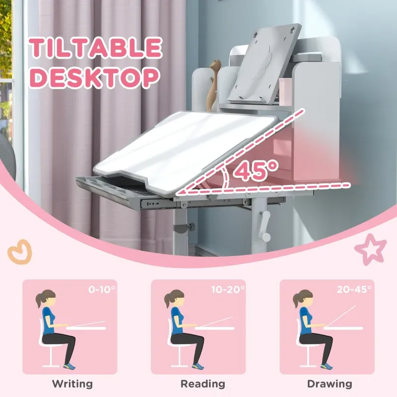 Qaba Juego de escritorio y silla para niños de altura ajustable para escribir y dibujar con escritorio inclinable, cajón de almacenamiento y estante de lectura