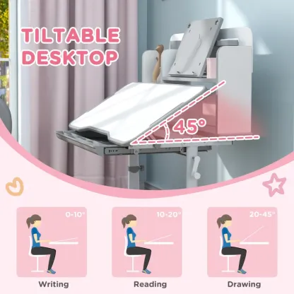 Qaba Juego de escritorio y silla para niños de altura ajustable para escribir y dibujar con escritorio inclinable, cajón de almacenamiento y estante de lectura