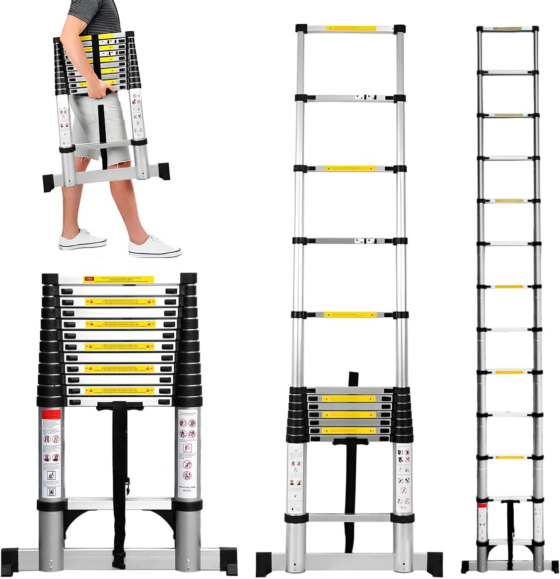 Raganet, Escalera Telescópica Recta, Escalera de Recta de Altura Ajustable, Aluminio Reforzado y Duradera, Modelo Retráctil de Mayor Estabilidad (5 Metros)