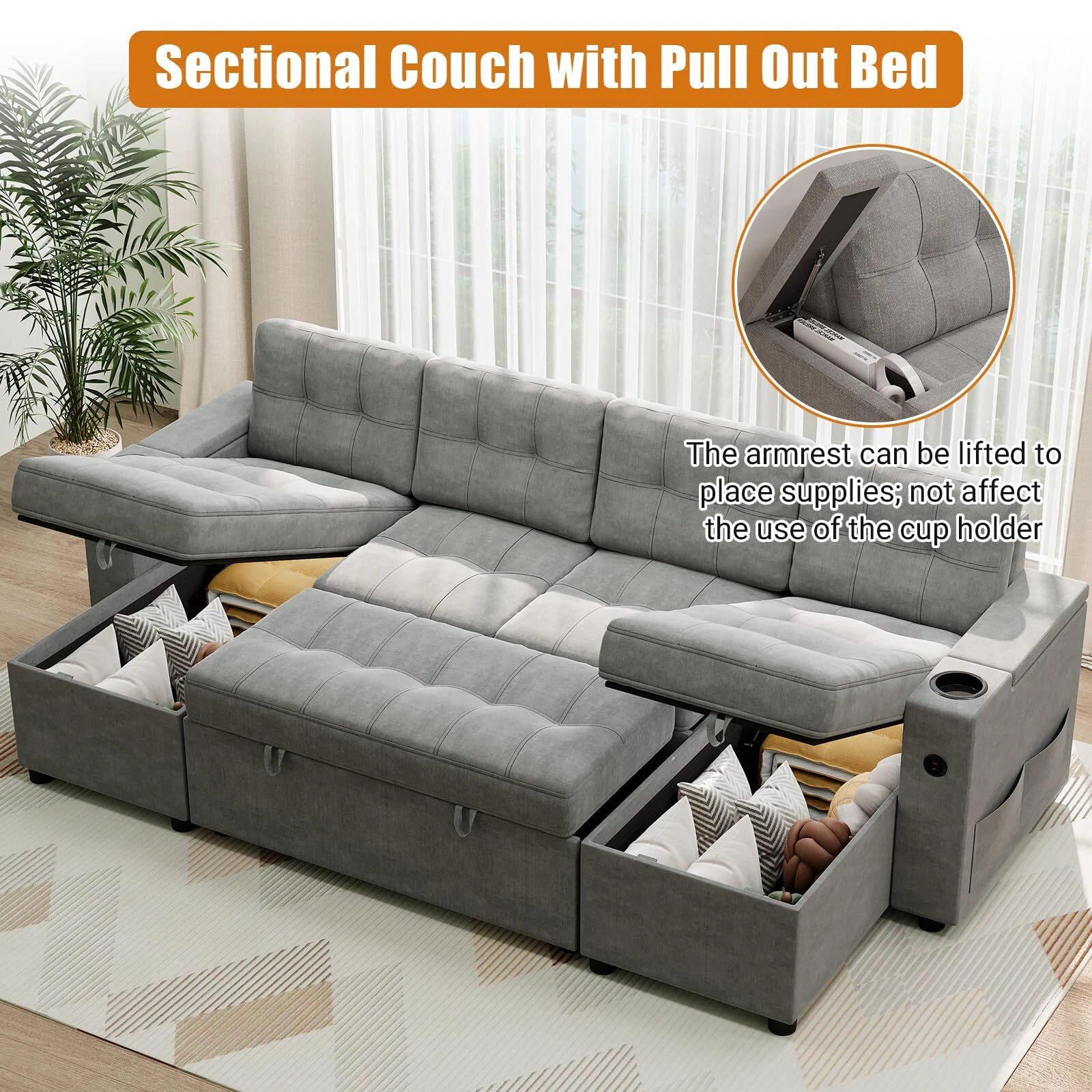 🔥Sofá seccional en forma de U con chaise doble Sofá cama extraíble 2 en 1 USB-A tipo C