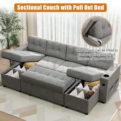 🔥Sofá seccional en forma de U con chaise doble Sofá cama extraíble 2 en 1 USB-A tipo C