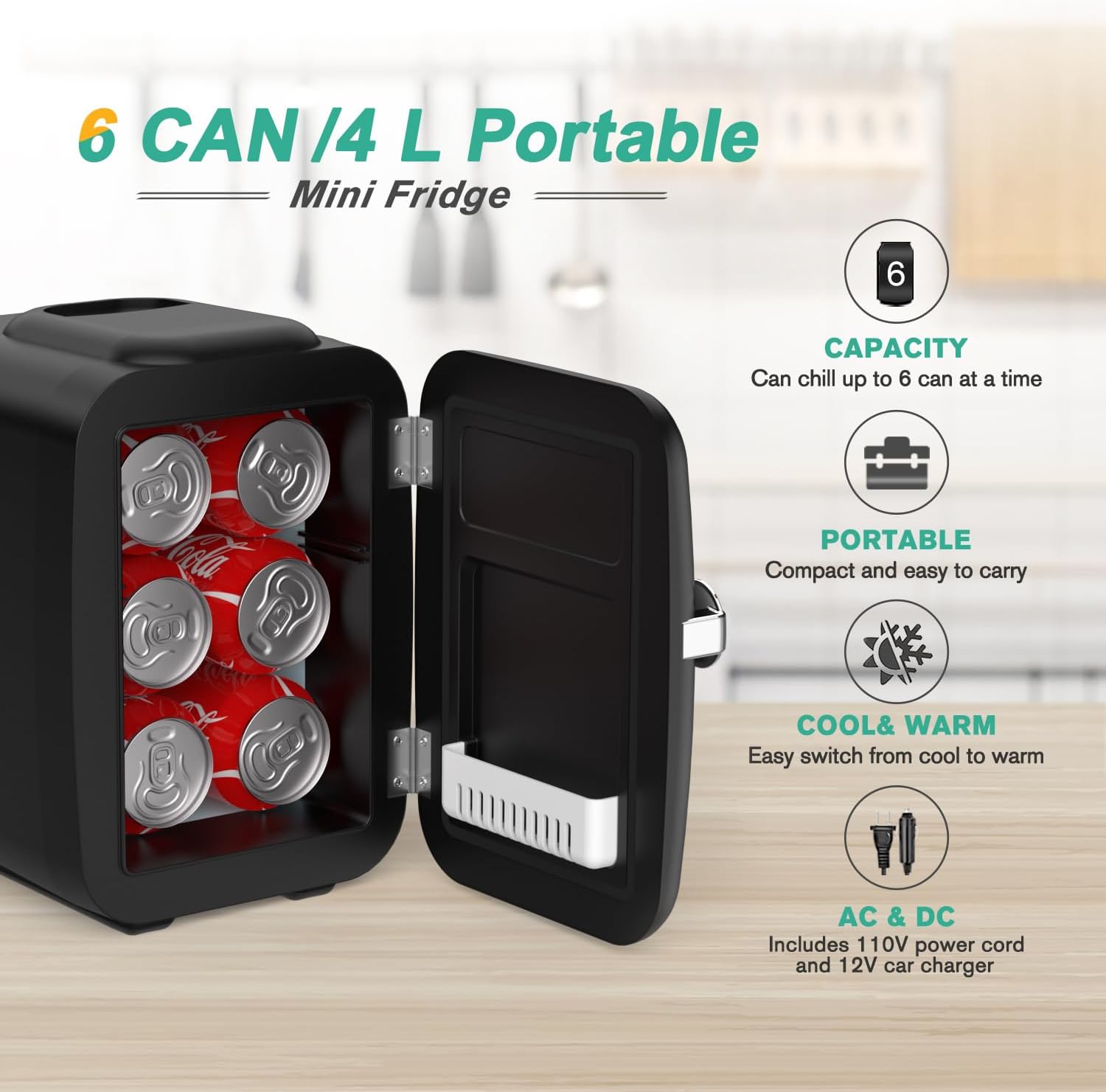 CROWNFUL Mini nevera, 4 litros/6 latas, cosméticos, alimentos, medicamentos,dormitorio,oficina, coche,refrigerador portátil y calentador personal para el cuidado de la piel(Negro mate)