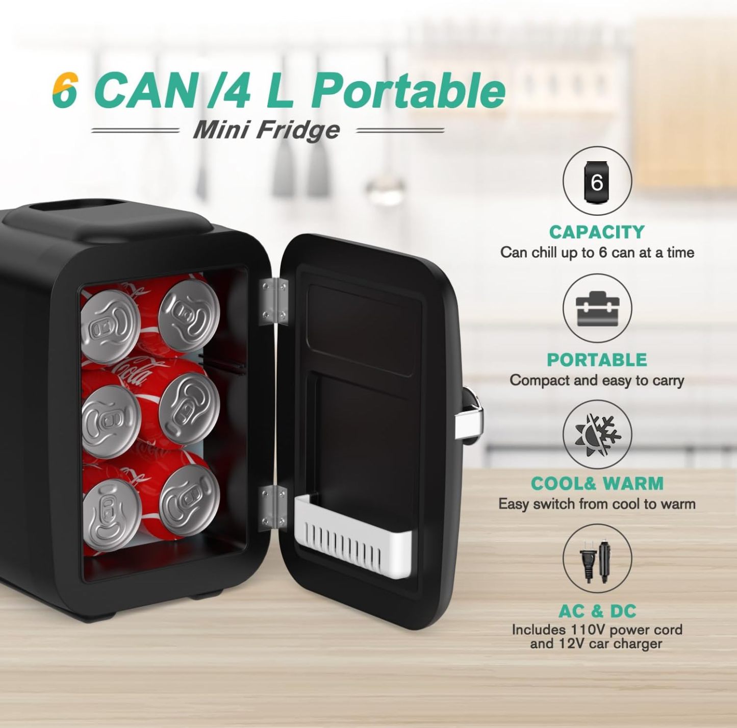 CROWNFUL Mini nevera, 4 litros/6 latas, cosméticos, alimentos, medicamentos,dormitorio,oficina, coche,refrigerador portátil y calentador personal para el cuidado de la piel(Negro mate)