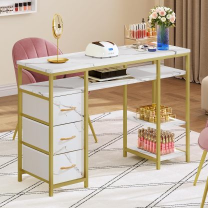 DWVO - Mesa de manicura para uñas, computadora de manicura con Textura marmolada con 3 cajones, estación de Mesa de uñas Resistente a la acetona para salón de Belleza, SPA (Blanco)