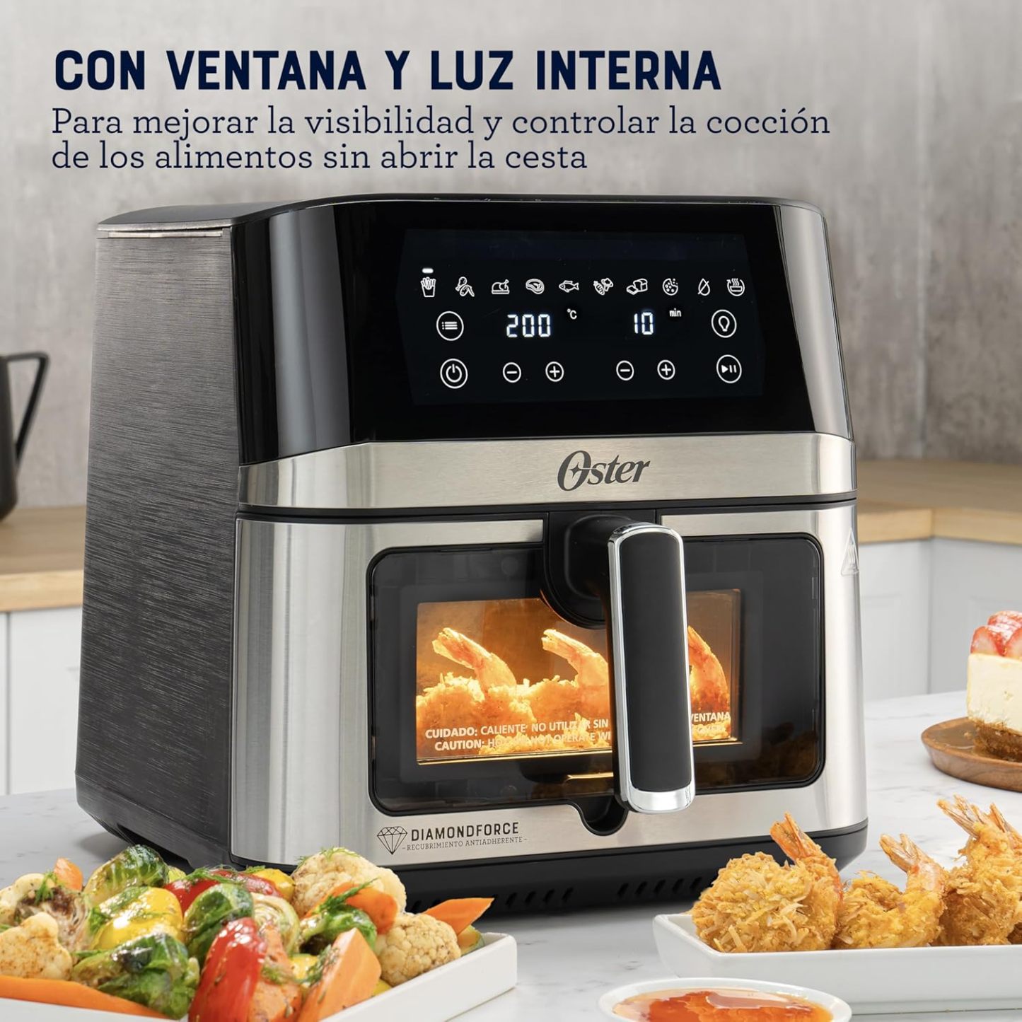 Oster® Freidora de Aire Digital XL 7.5L con Ventana y Luz Interna, Recubrimiento DiamondForce, 10 Programas Automáticos, Modelo CKSTAF75WDSSDF