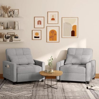 BRO A SIS Sillón Cama Individual Plegable 3 en 1, Sofá Cama Reclinable Convertible con Ruedas y Bolsillo, Silla Lounge de Lino para Sala Pequeña, Descanso para Visitas con Reposabrazos (Gris)