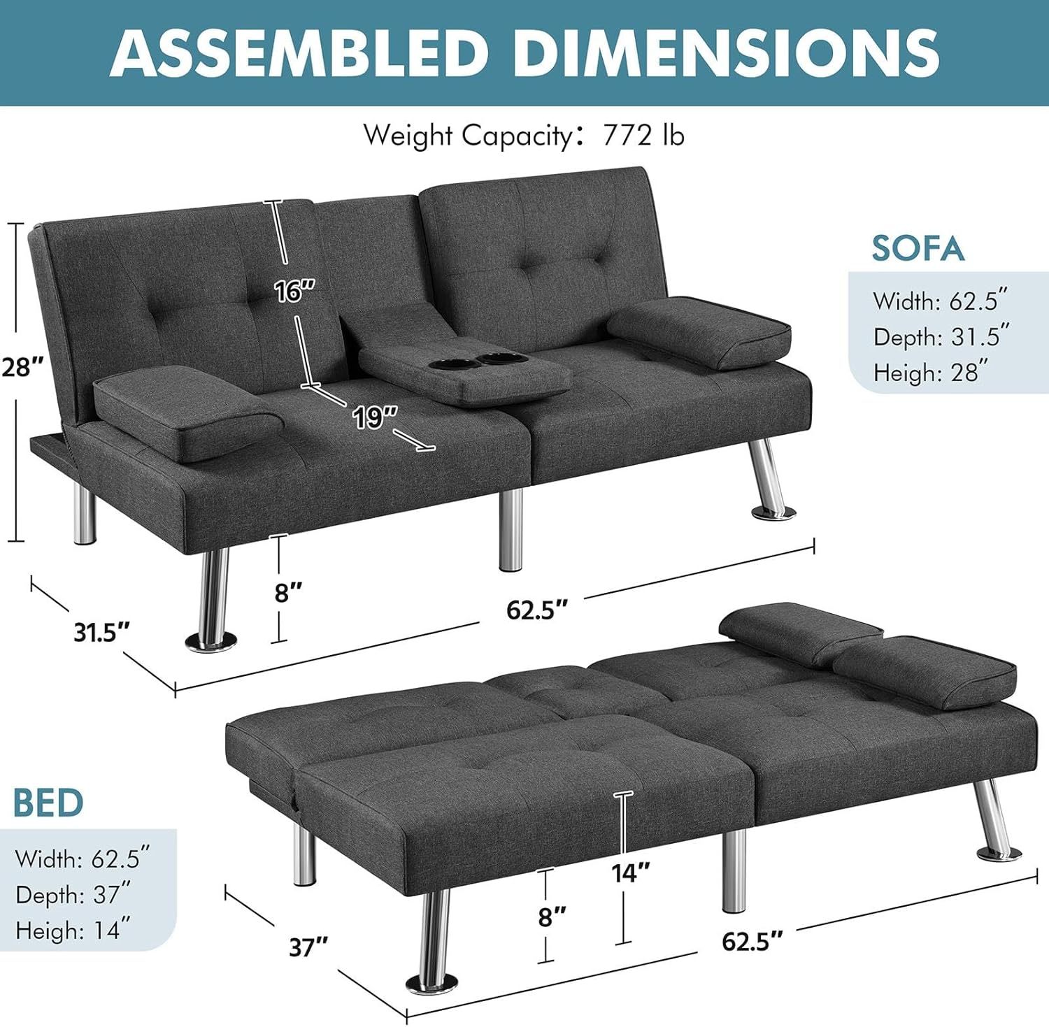 Yaheetech - Sofá Cama Convertible Ajustable, Moderno sillón reclinable de Piel sintética Reversible, sofá Cama Plegable, reposabrazos extraíbles, portavasos, 3 ángulos, Capacidad de 700 Libras, Color