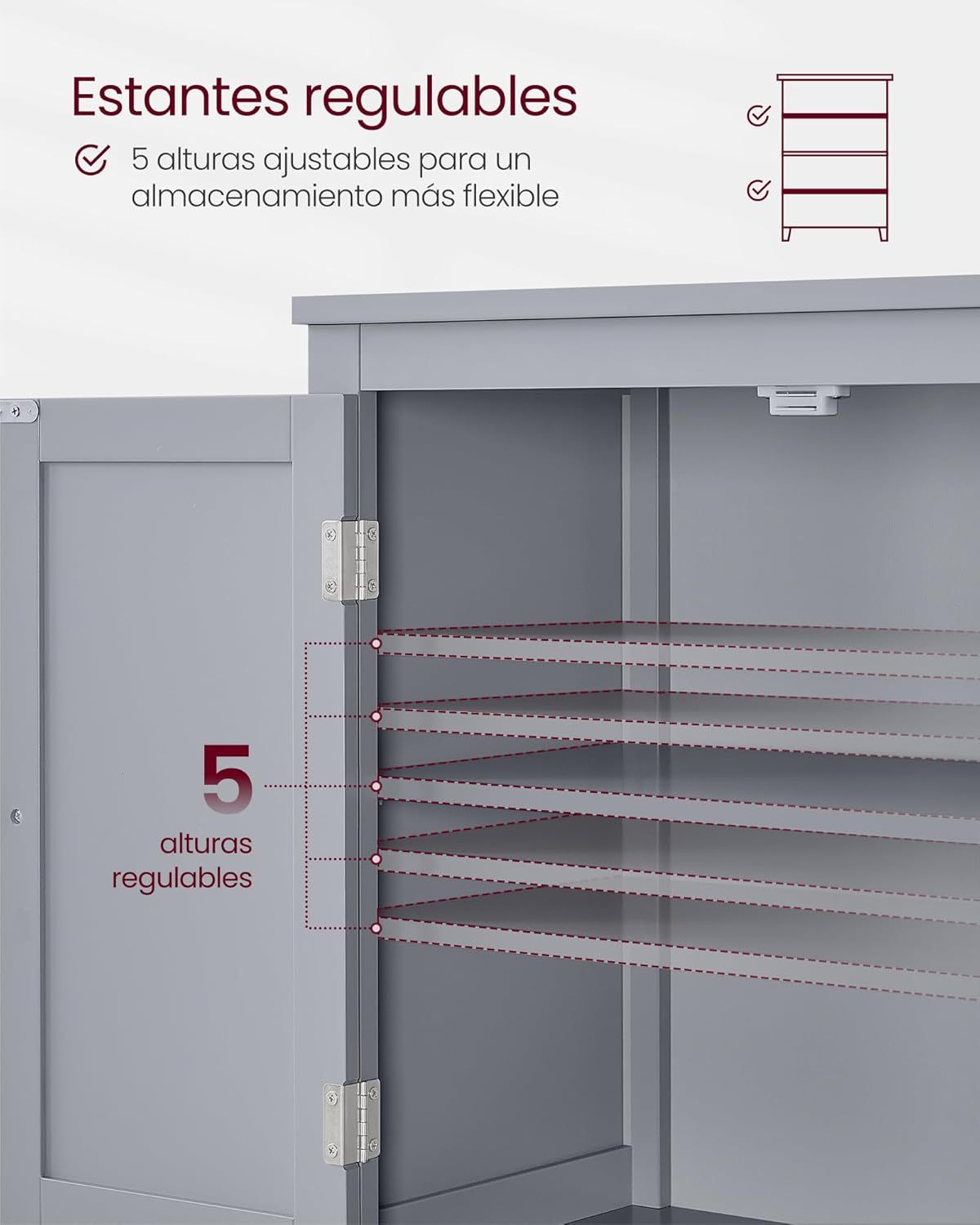 VASAGLE Mueble de Baño, Armario de Baño, Armario de Cocina, con 2 Puertas y 2 Cajones, Estantes Ajustables, 30 x 60 x 110 cm, Gris Paloma MBBC551G02