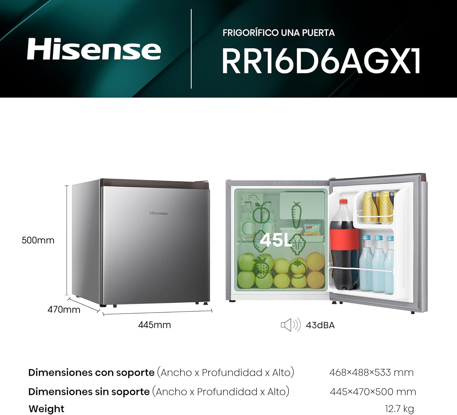 Hisense RR16D6AGX1 Frigobar 1.6 p3 Color Silver Nueva plataforma 2022