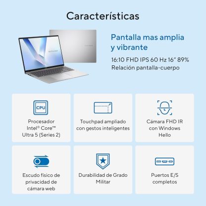 ASUS Vivobook 16 con IA, Intel Ultra 5 Serie 225H, 14 Nucleos/AI Boost NPU 13TOPS/16 GB RAM/512 GN SSD/Cargador 65W USB-C/Teclado en español/Garantia con la Marca en Mexico.