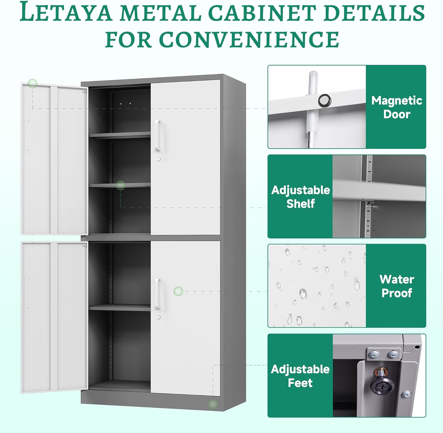 Letaya - Armarios de almacenamiento de metal con puerta de cerradura, armarios de acero, 5 estantes ajustables para el hogar, oficina, almacén (blanco)