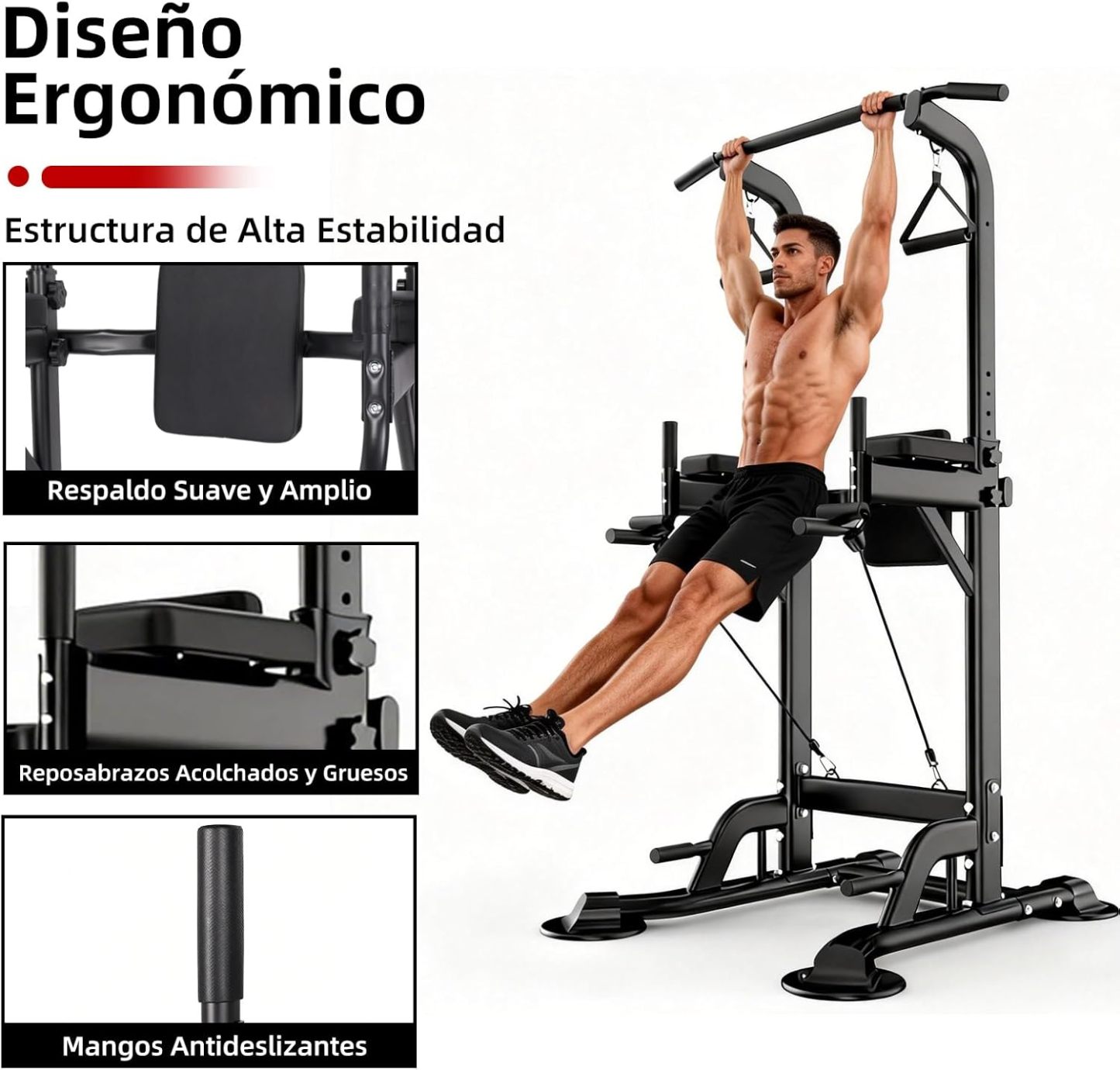 GOHOMKIC Barra para Dominadas, Gimnasio en Casa Estación de Dominadas Multifuncional, Barra de Dominadas de Altura Ajustable con Protector de Espalda y Almohadillas para los Codos