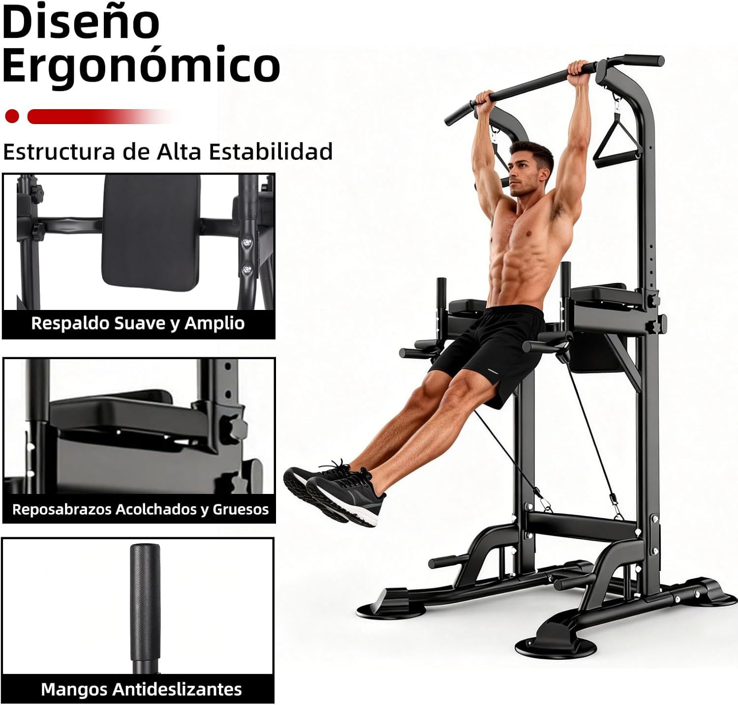 GOHOMKIC Barra para Dominadas, Gimnasio en Casa Estación de Dominadas Multifuncional, Barra de Dominadas de Altura Ajustable con Protector de Espalda y Almohadillas para los Codos