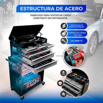 Hantec - Combo Caja de Herramientas y Estante Móvil - 9 Cajones Deslizables, Metal Reforzado con Ruedas y Cerradura - Color Gris