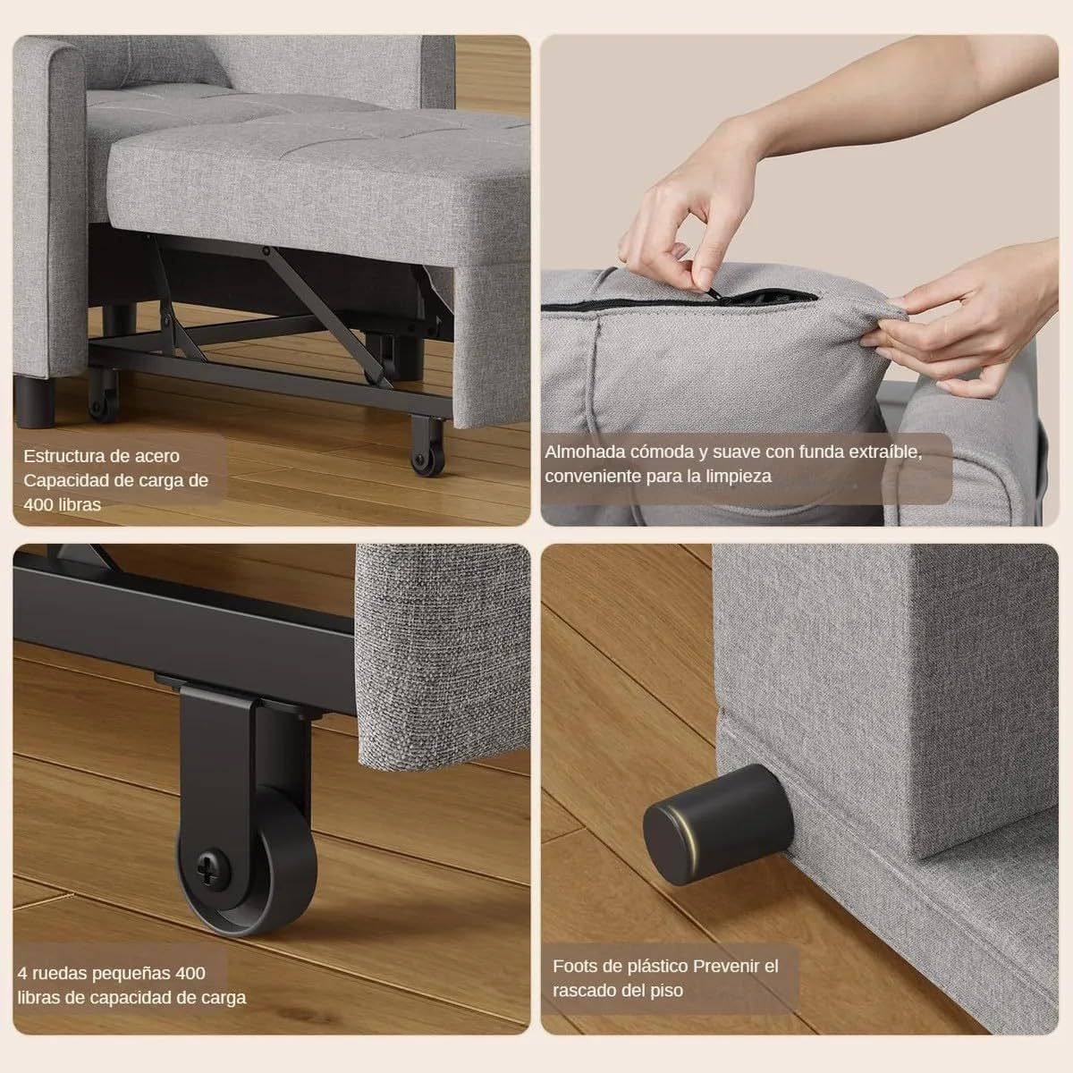 BRO A SIS Sillón Cama Individual Plegable 3 en 1, Sofá Cama Reclinable Convertible con Ruedas y Bolsillo, Silla Lounge de Lino para Sala Pequeña, Descanso para Visitas con Reposabrazos (Gris)