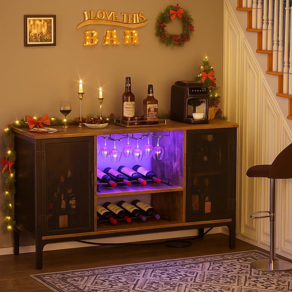 Homieasy Gabinete de Bar de Vino con Tomas de Corriente y Luces LED, Gabinete Industrial para Licor con Estantes de Vino Ajustables, Gabinetes de Estación de Café con Almacenamiento para Cocina/Hogar