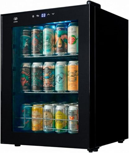 AVERA Refrigerador enfriador de bebidas 75 latas, Puerta de vidrio, Estantes removibles, Luz interior, Panel táctil, Ajuste de temperatura 3°C a 18 °C. Frigobar capacidad 63L | EBC75