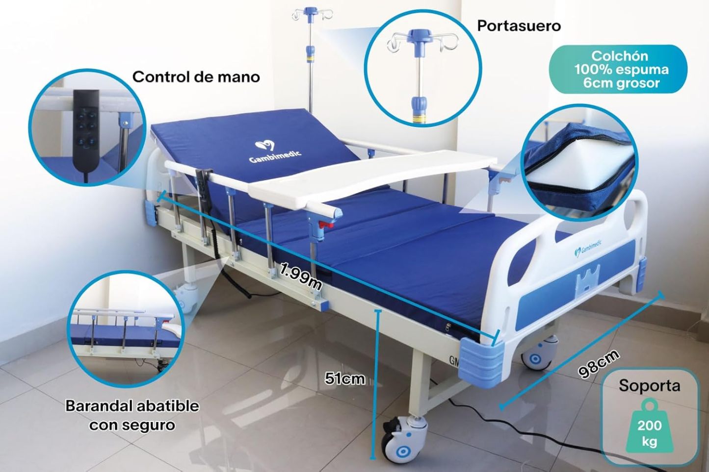 Gambimedic Cama De Hospital Electrica Economica 3 Posiciones Base Espalda Y Piernas Mod. Eii-02 Incluye Colchon