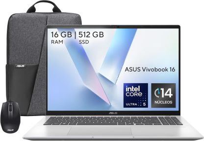 ASUS Vivobook 16 con IA, Intel Ultra 5 Serie 225H, 14 Nucleos/AI Boost NPU 13TOPS/16 GB RAM/512 GN SSD/Cargador 65W USB-C/Teclado en español/Garantia con la Marca en Mexico.