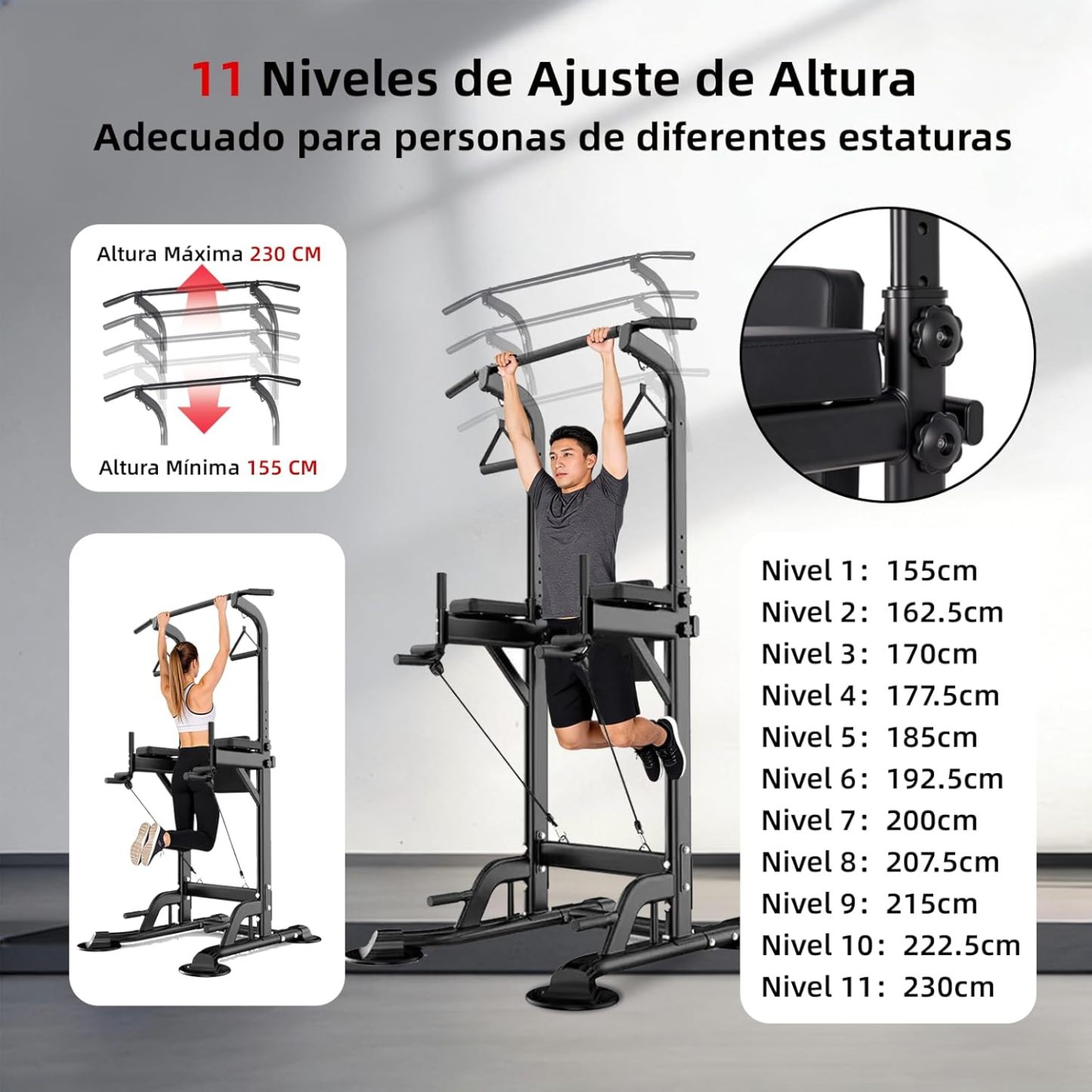 GOHOMKIC Barra para Dominadas, Gimnasio en Casa Estación de Dominadas Multifuncional, Barra de Dominadas de Altura Ajustable con Protector de Espalda y Almohadillas para los Codos
