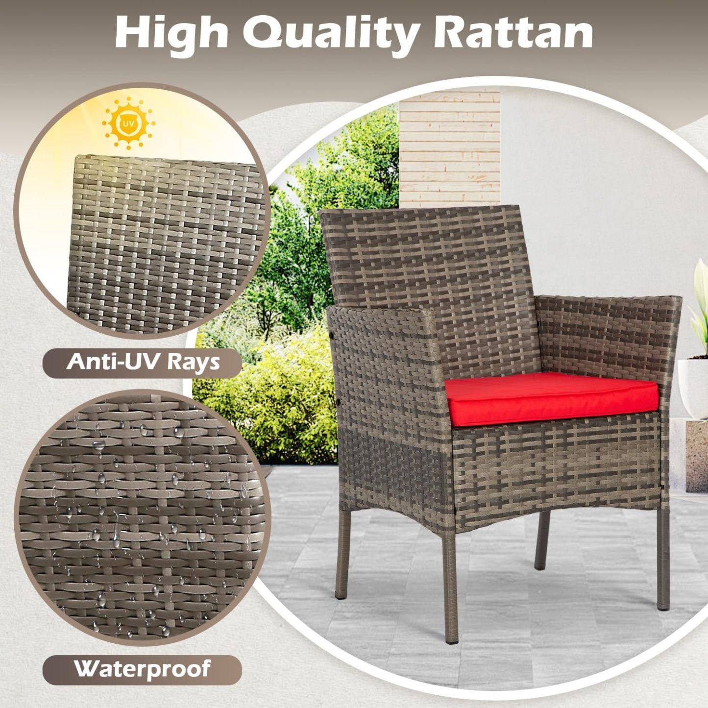 FDW - Juego de 4 muebles para exteriores, juego de conversación de mimbre con silla de ratán, mesa de centro para exteriores, interiores, jardín, patio, porche, terraza, balcón, cojines de mimbre