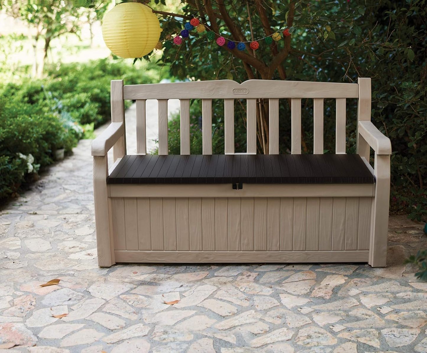 Keter Banco de jardín Eden, Caja de Almacenamiento de Jardin, Cerradura, Polipropileno, Blanco y Marrón