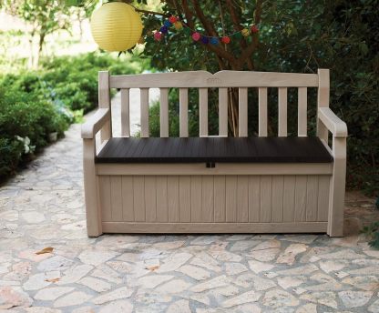 Keter Banco de jardín Eden, Caja de Almacenamiento de Jardin, Cerradura, Polipropileno, Blanco y Marrón