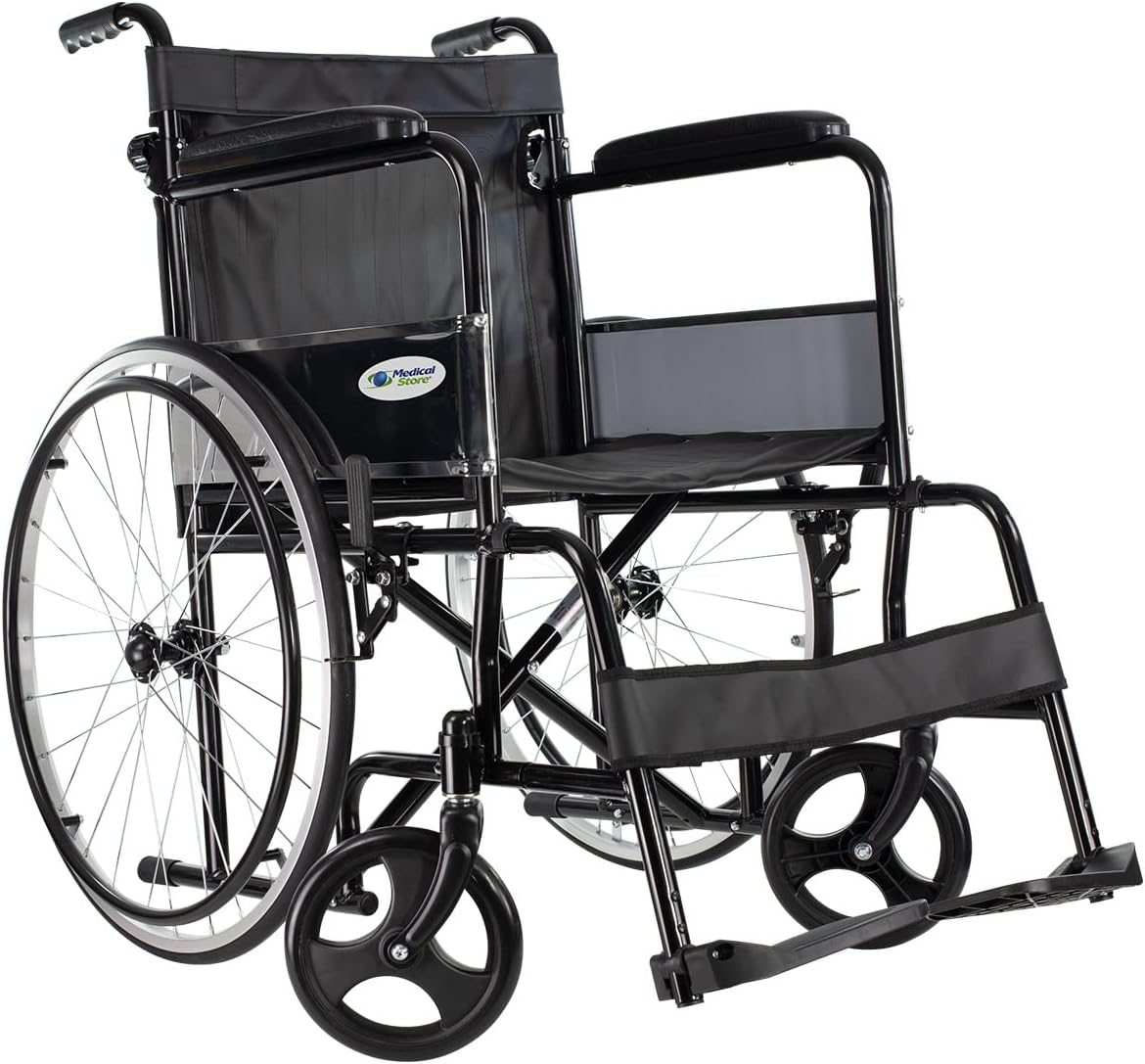 MEDICAL STORE Silla de Ruedas, Modelo 809F, Acero Resistente, Descansapies Desmontables, Descansabrazos Fijos Rectos, Asiento y Respaldo de Vinil Alta Resistencia. (ROJO)