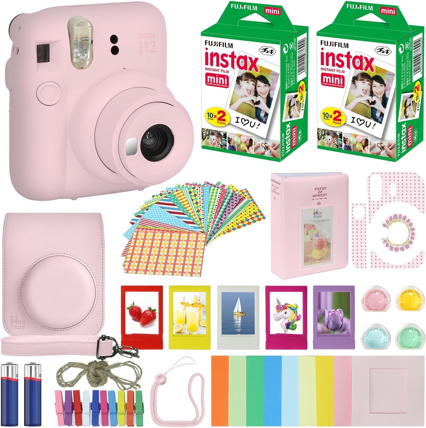 Fujifilm Instax Mini 12 c¨¢mara instant¨¢nea lila p¨²rpura + estuche de transporte + Fuji Instax Film Value Pack (40 hojas) paquete de accesorios, filtros de color, ¨¢lbum de fotos, marcos surtidos