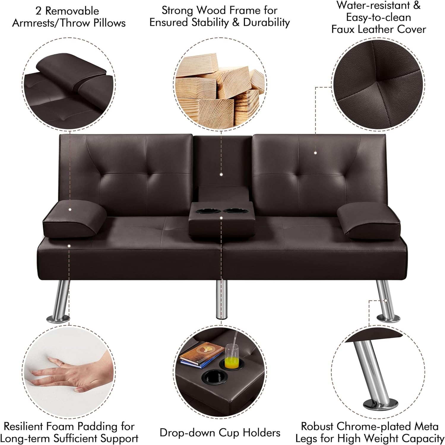 Yaheetech - Sofá cama convertible ajustable, moderno sillón reclinable, piel sintética, plegable, cama de invitados, reposabrazos extraíbles, portavasos 3 ángulos, capacidad de 317 kg, blanco