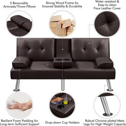 Yaheetech - Sofá cama convertible ajustable, moderno sillón reclinable, piel sintética, plegable, cama de invitados, reposabrazos extraíbles, portavasos 3 ángulos, capacidad de 317 kg, blanco