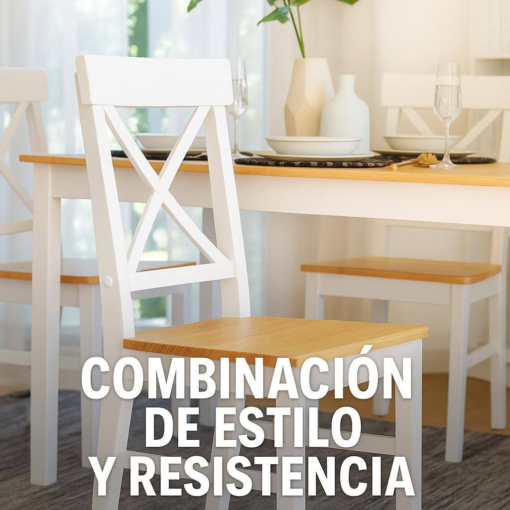 Mesa De Comedor Blanco con 4 Sillas, Madera De Pino, Resistente, Interiores Y Exteriores