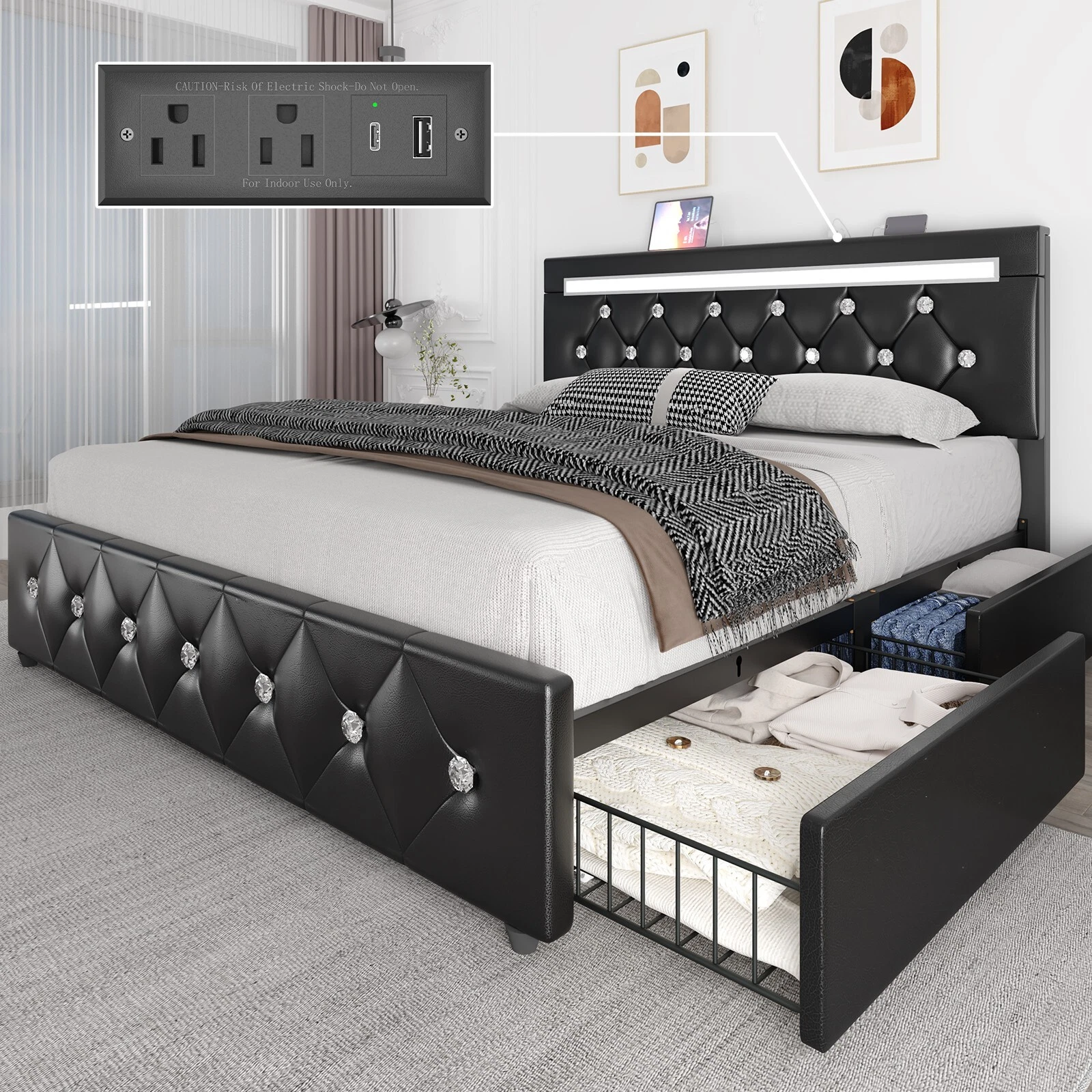 Marco de cama con plataforma tapizada en cuero de tamaño completo con luces LED y 4 cajones