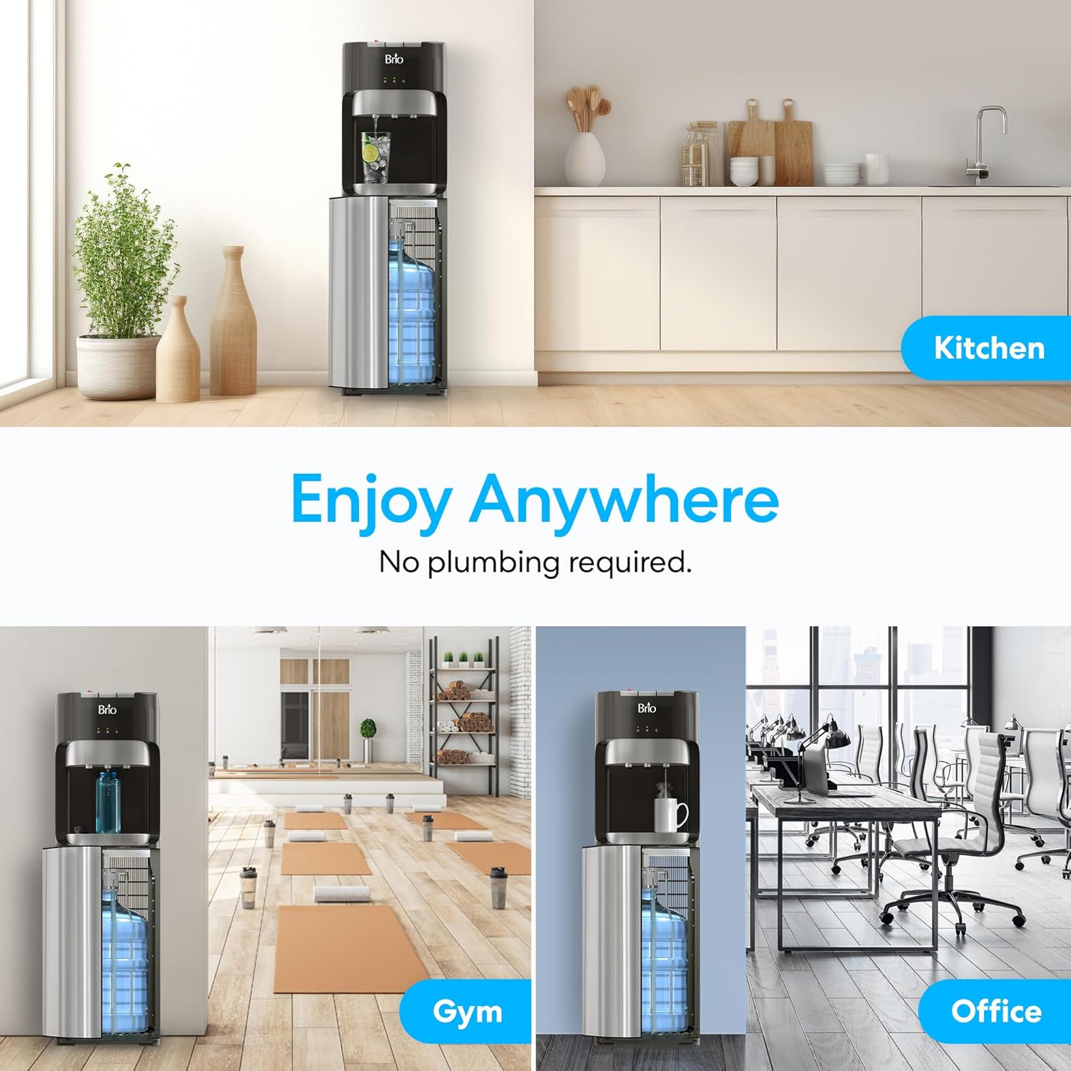 Brio Dispensador de enfriador de agua de carga inferior para botellas de 5 galones, 3 temperaturas con boquillas calientes, habitación y frías, bloqueo de seguridad infantil, visualización LED con alerta de botella vacía, acero inoxidable
