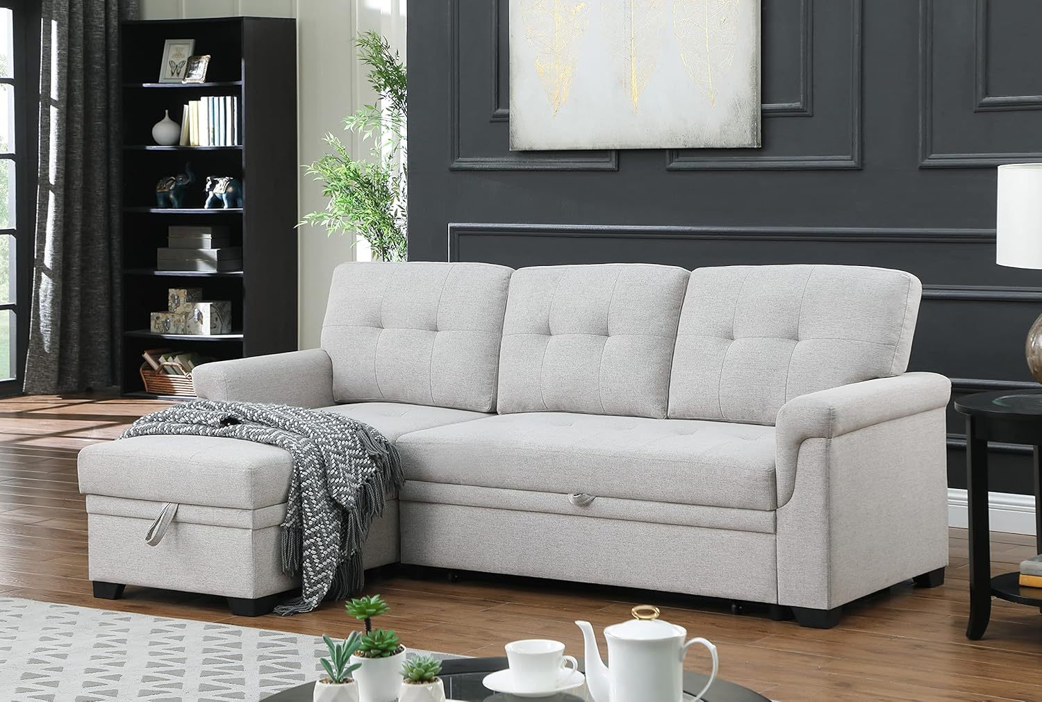 Lilola Home Lucca - Sofá seccional Reversible de Lino Gris Claro con diván de Almacenamiento